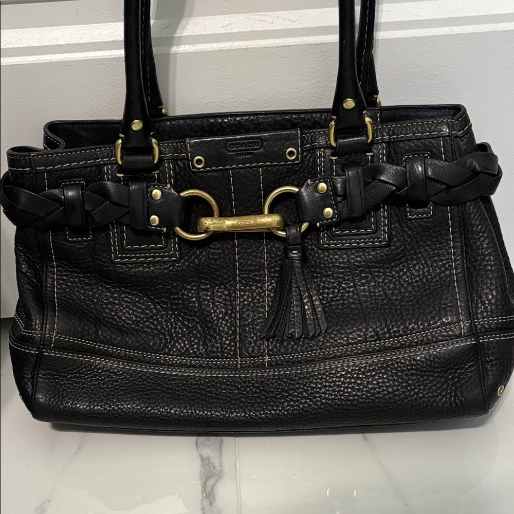 Coach Hampton Satchel Black Leather Shoulder Bag with Gold Accents